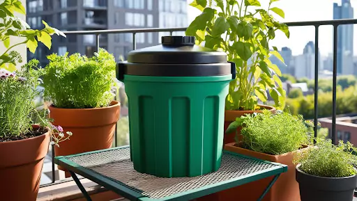 A compost bin kept on a table in the balcony